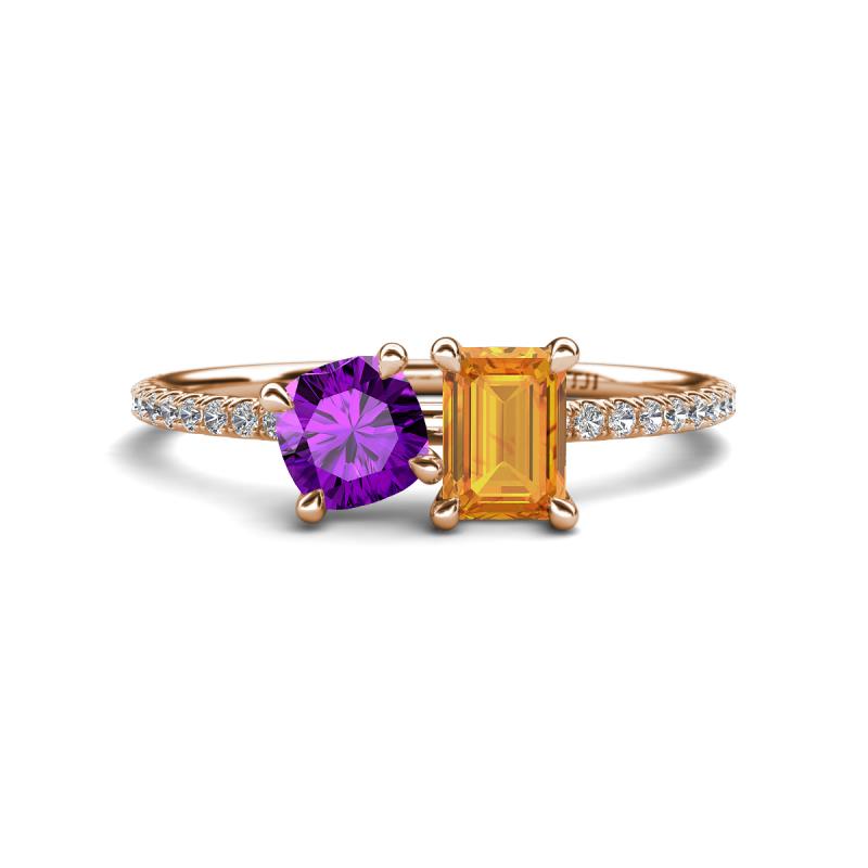 Elyse 6.00 mm Cushion Shape Amethyst and 7x5 mm Emerald Shape Citrine 2 Stone Duo Ring 