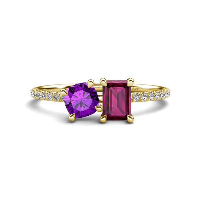 Elyse 6.00 mm Cushion Shape Amethyst and 7x5 mm Emerald Shape Rhodolite Garnet 2 Stone Duo Ring 