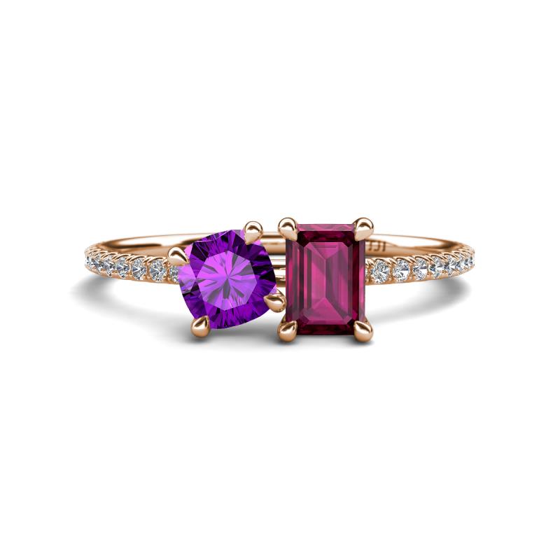 Elyse 6.00 mm Cushion Shape Amethyst and 7x5 mm Emerald Shape Rhodolite Garnet 2 Stone Duo Ring 