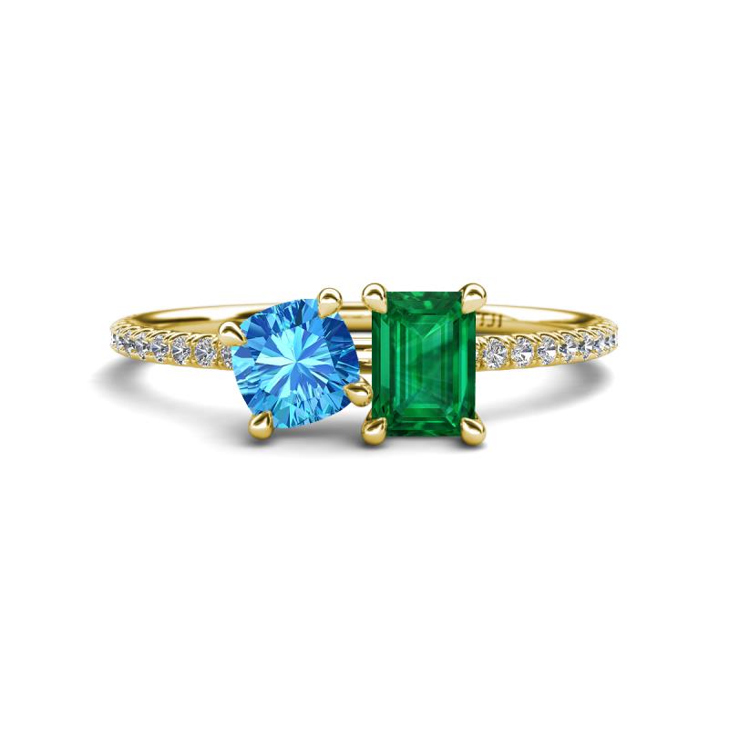 Elyse 6.00 mm Cushion Shape Blue Topaz and 7x5 mm Emerald Shape Lab Created Emerald 2 Stone Duo Ring 