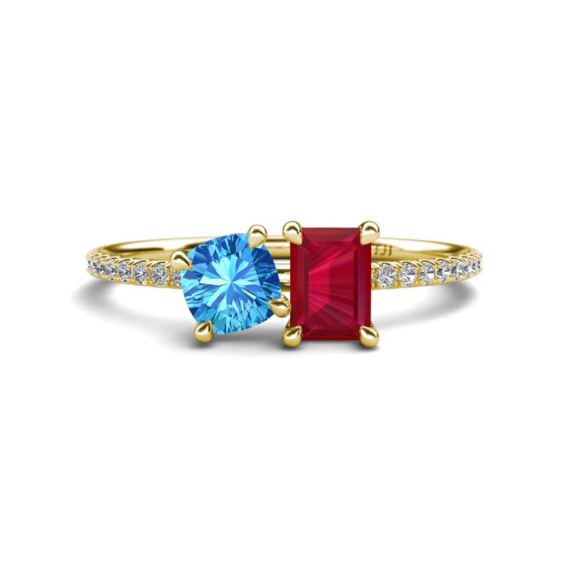 Elyse 6.00 mm Cushion Shape Blue Topaz and 7x5 mm Emerald Shape Lab Created Ruby 2 Stone Duo Ring 