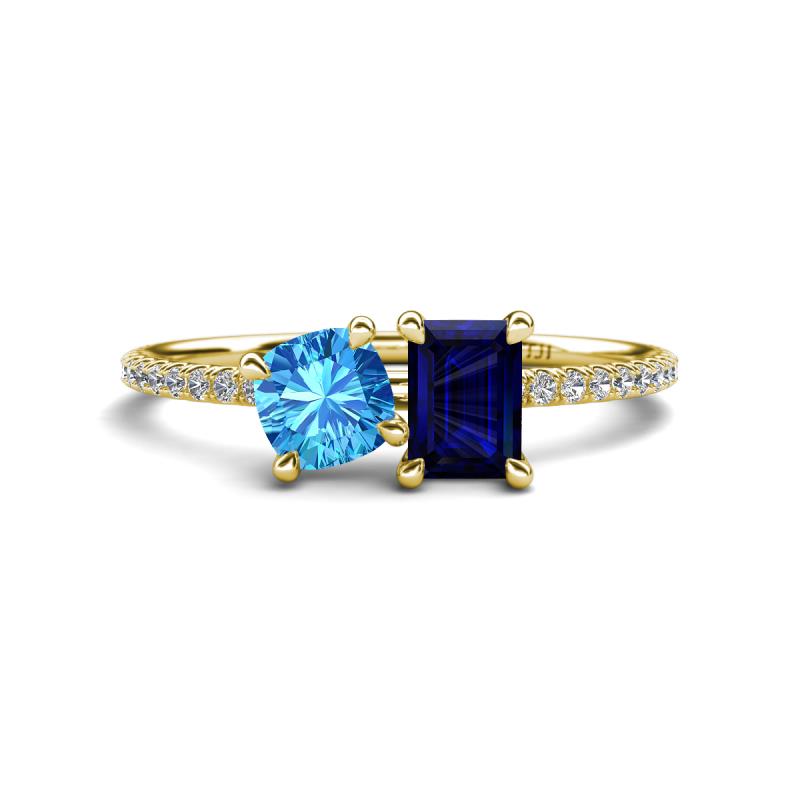Elyse 6.00 mm Cushion Shape Blue Topaz and 7x5 mm Emerald Shape Lab Created Blue Sapphire 2 Stone Duo Ring 