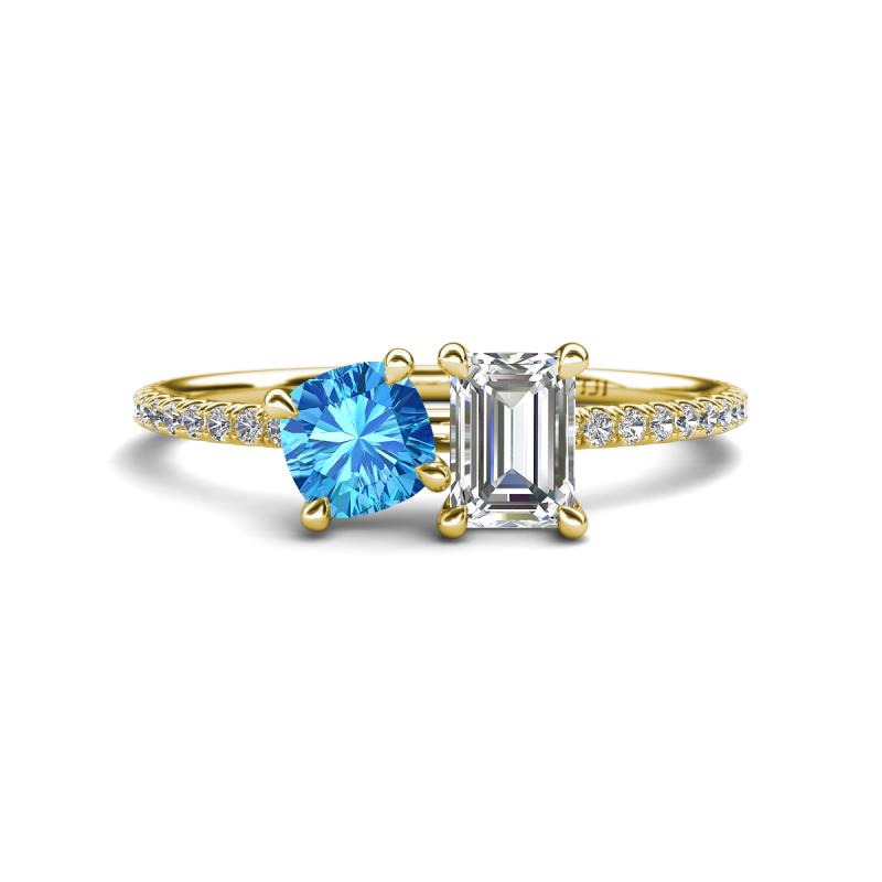 Elyse 6.00 mm Cushion Shape Blue Topaz and 7x5 mm Emerald Shape Forever Brilliant Moissanite 2 Stone Duo Ring 