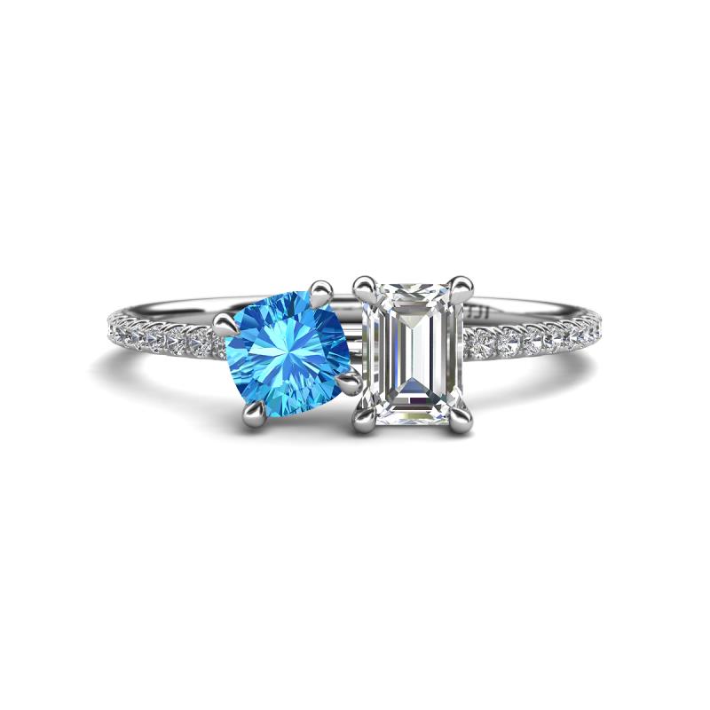 Elyse 6.00 mm Cushion Shape Blue Topaz and 7x5 mm Emerald Shape Forever One Moissanite 2 Stone Duo Ring 