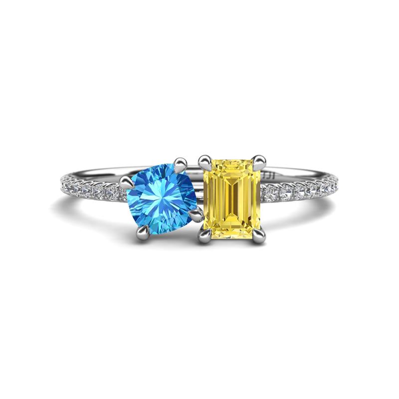 Elyse 6.00 mm Cushion Shape Blue Topaz and 7x5 mm Emerald Shape Lab Created Yellow Sapphire 2 Stone Duo Ring 