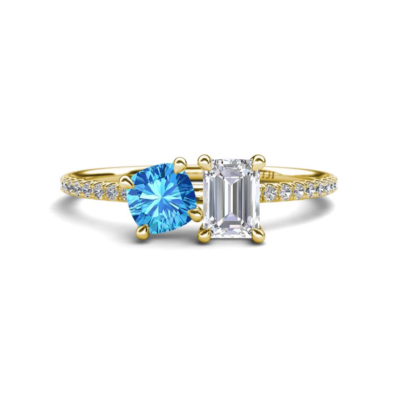 Elyse 6.00 mm Cushion Shape Blue Topaz and 7x5 mm Emerald Shape White Sapphire 2 Stone Duo Ring 