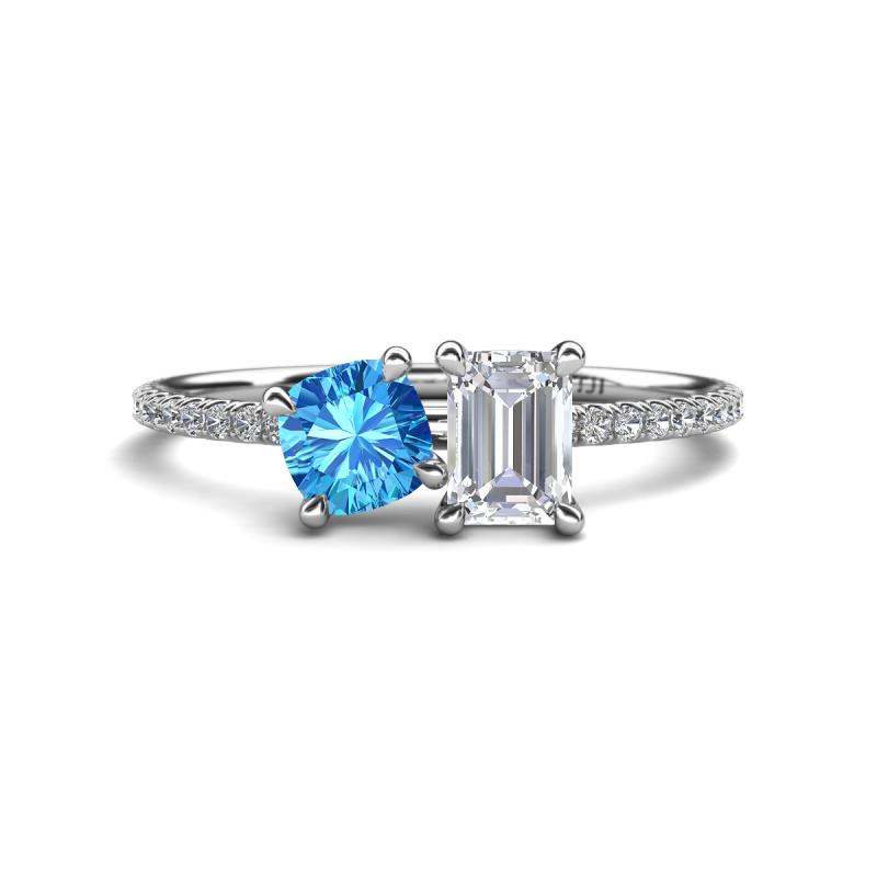Elyse 6.00 mm Cushion Shape Blue Topaz and 7x5 mm Emerald Shape White Sapphire 2 Stone Duo Ring 
