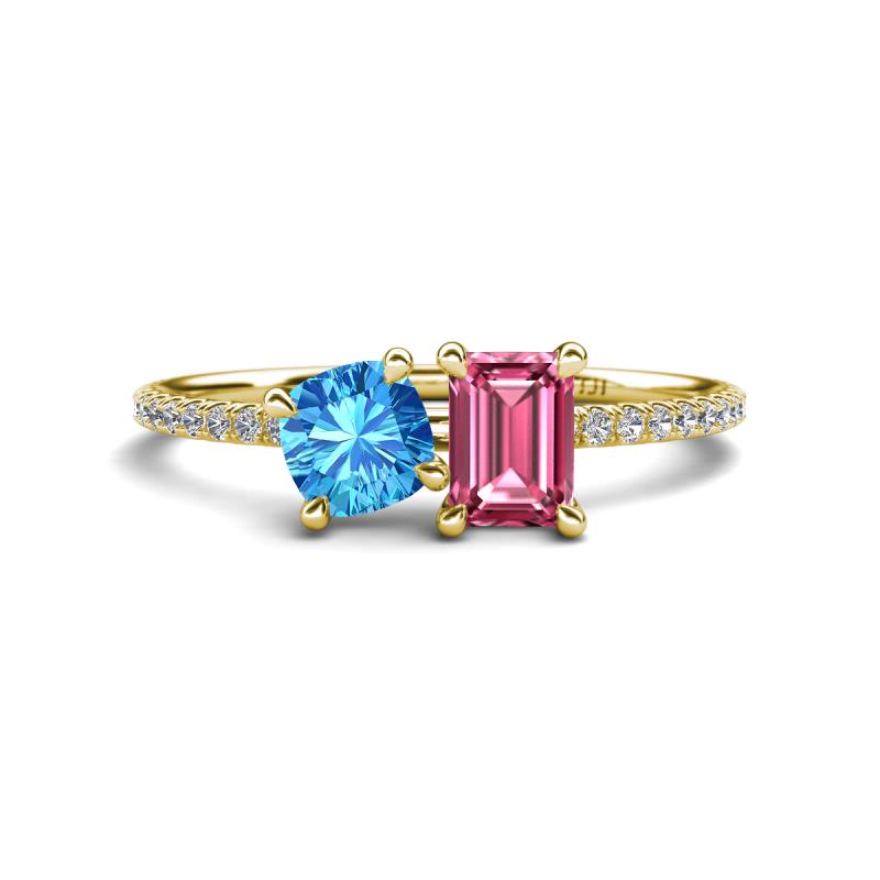 Elyse 6.00 mm Cushion Shape Blue Topaz and 7x5 mm Emerald Shape Pink Tourmaline 2 Stone Duo Ring 