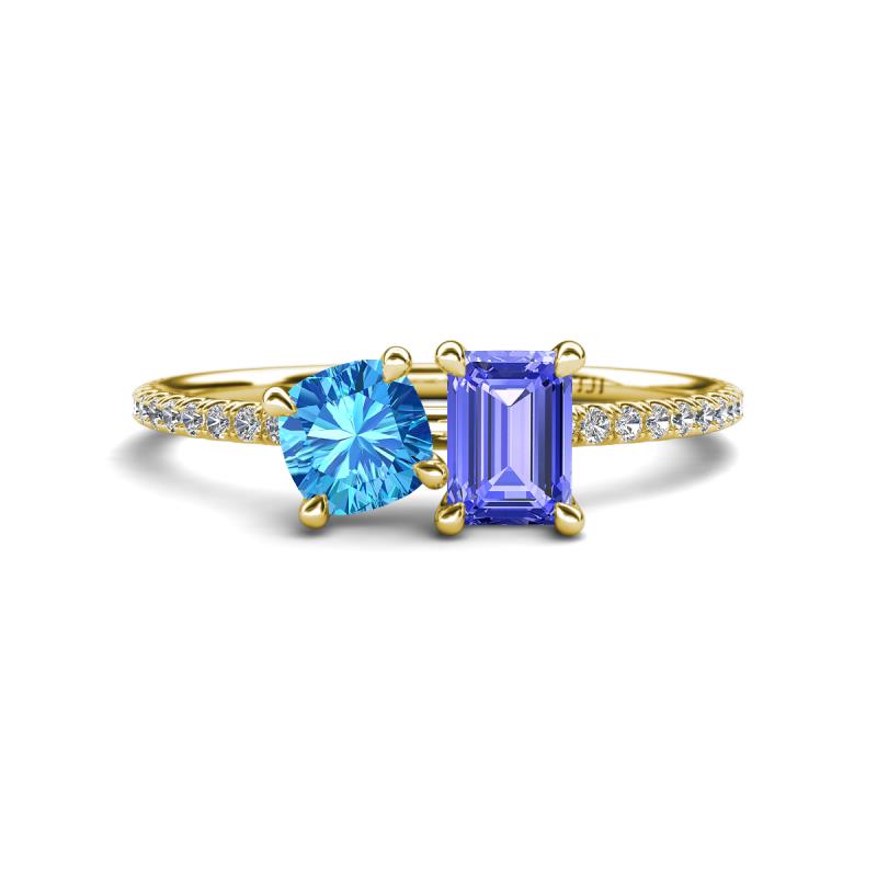 Elyse 6.00 mm Cushion Shape Blue Topaz and 7x5 mm Emerald Shape Tanzanite 2 Stone Duo Ring 