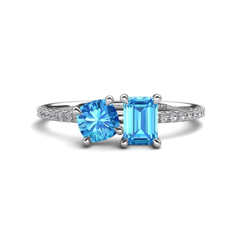 Elyse 6.00 mm Cushion Shape and 7x5 mm Emerald Shape Blue Topaz 2 Stone Duo Ring 