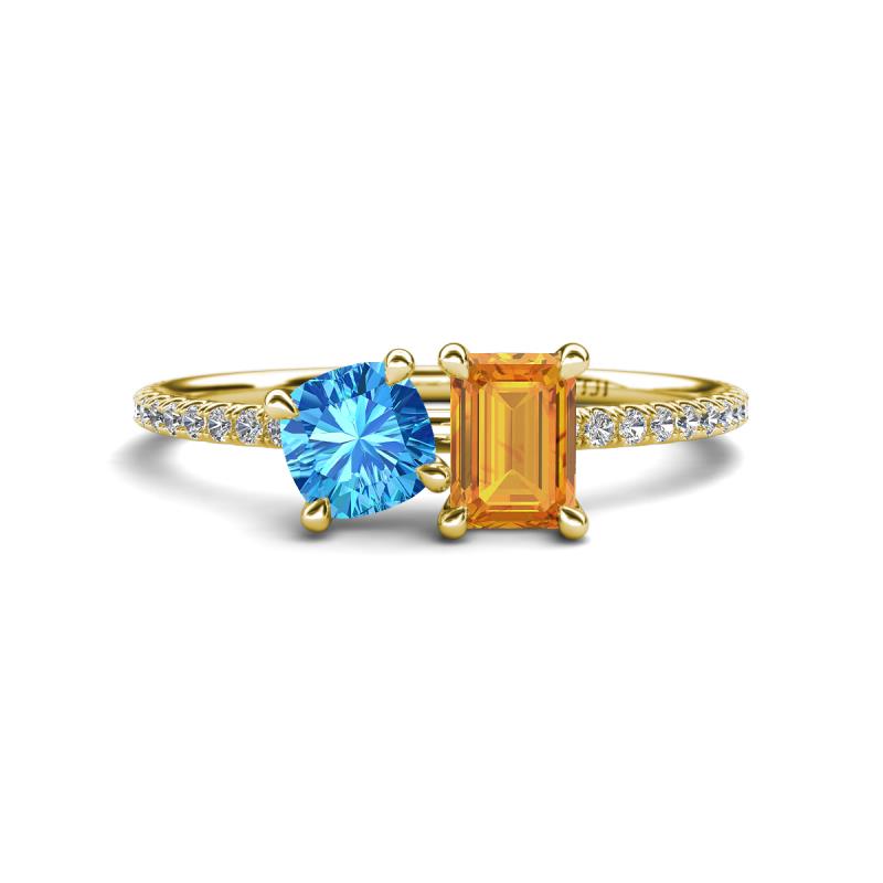 Elyse 6.00 mm Cushion Shape Blue Topaz and 7x5 mm Emerald Shape Citrine 2 Stone Duo Ring 