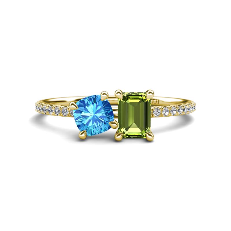 Elyse 6.00 mm Cushion Shape Blue Topaz and 7x5 mm Emerald Shape Peridot 2 Stone Duo Ring 