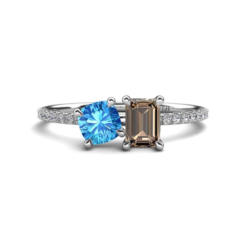 Elyse 6.00 mm Cushion Shape Blue Topaz and 7x5 mm Emerald Shape Smoky Quartz 2 Stone Duo Ring 