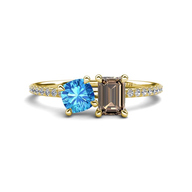 Elyse 6.00 mm Cushion Shape Blue Topaz and 7x5 mm Emerald Shape Smoky Quartz 2 Stone Duo Ring 