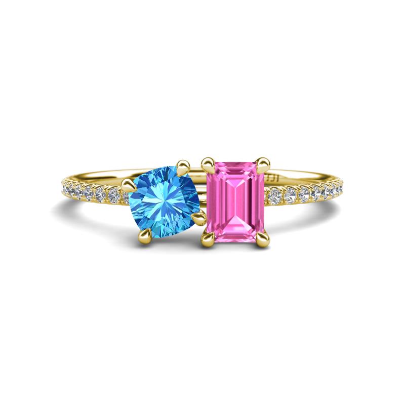 Elyse 6.00 mm Cushion Shape Blue Topaz and 7x5 mm Emerald Shape Lab Created Pink Sapphire 2 Stone Duo Ring 