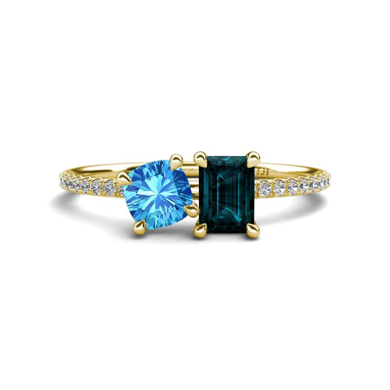 Elyse 6.00 mm Cushion Shape Blue Topaz and 7x5 mm Emerald Shape London Blue Topaz 2 Stone Duo Ring 