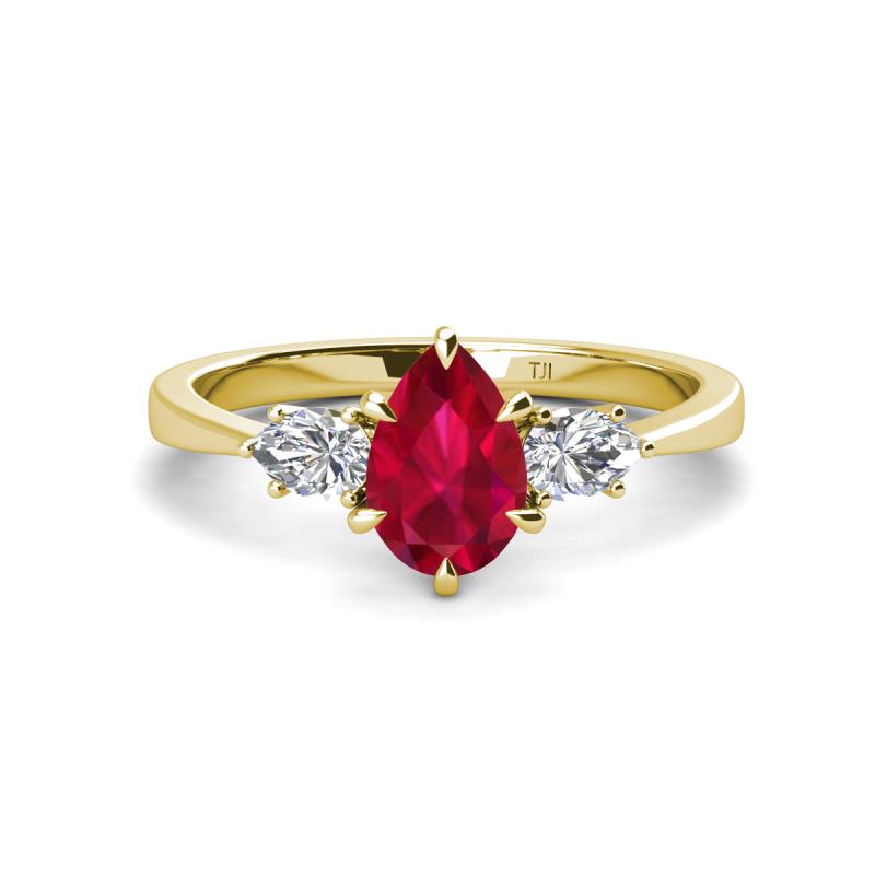 Naomi 9x7 mm Pear Shape Ruby and Lab Grown Diamond Three Stone Engagement Ring 