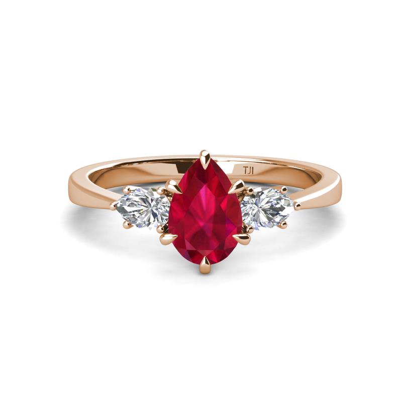 Naomi 9x7 mm Pear Shape Ruby and Lab Grown Diamond Three Stone Engagement Ring 