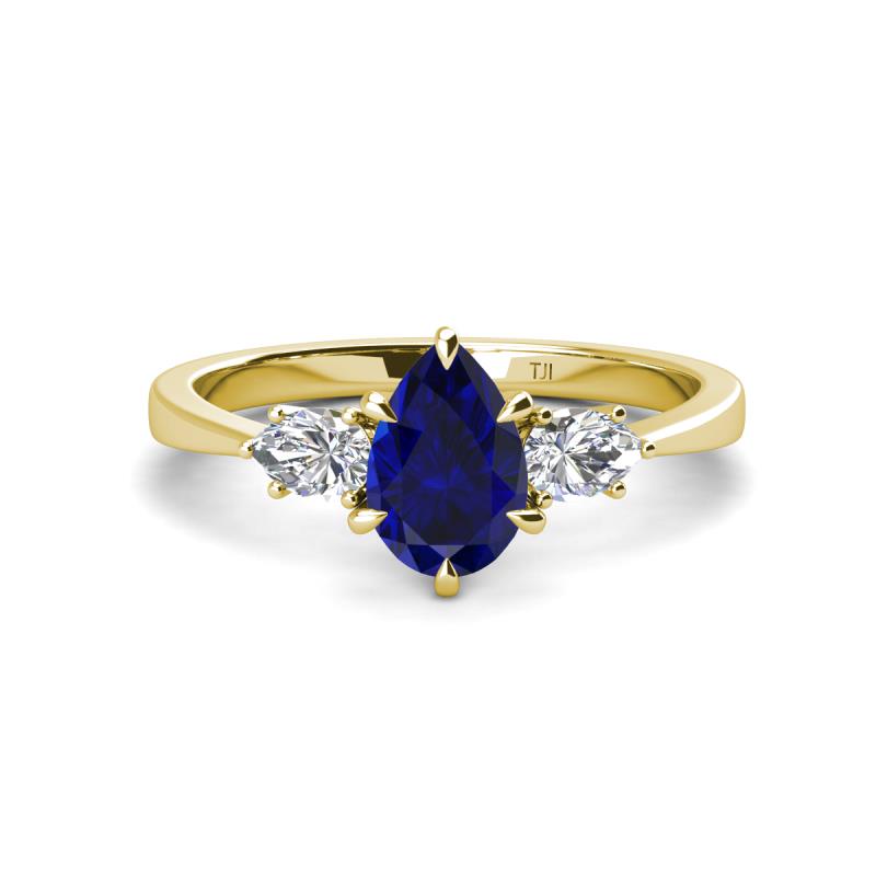 Naomi 9x7 mm Pear Shape Blue Sapphire and Lab Grown Diamond Three Stone Engagement Ring 