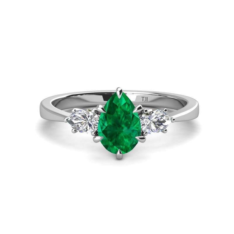 Naomi 9x7 mm Pear Shape Emerald and Lab Grown Diamond Three Stone Engagement Ring 