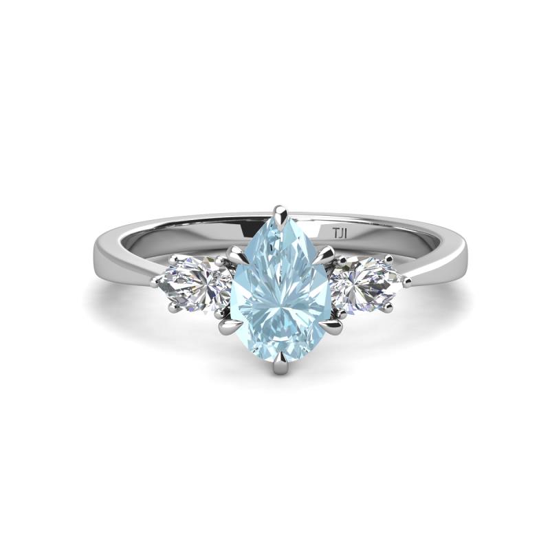 Naomi 9x6 mm Pear Shape Aquamarine and Lab Grown Diamond Three Stone Engagement Ring 