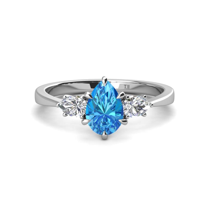 Naomi 9x6 mm Pear Shape Blue Topaz and Lab Grown Diamond Three Stone Engagement Ring 