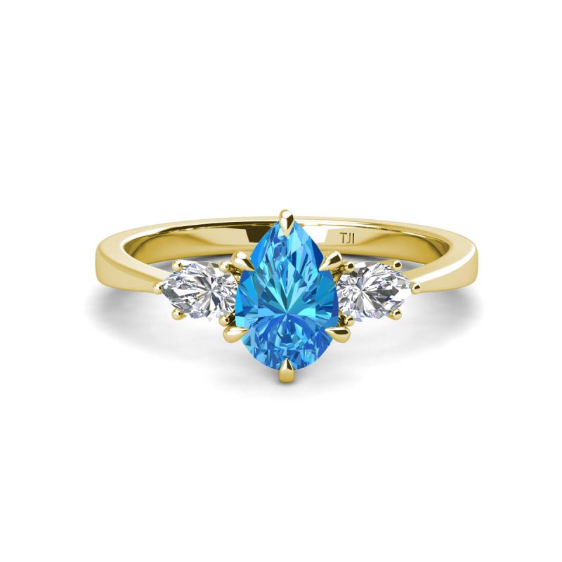 Naomi 9x6 mm Pear Shape Blue Topaz and Lab Grown Diamond Three Stone Engagement Ring 