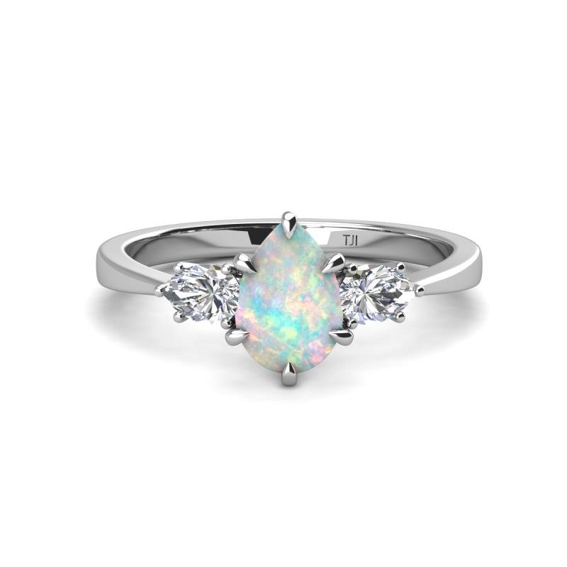 Naomi 9x6 mm Pear Shape Opal and Lab Grown Diamond Three Stone Engagement Ring 