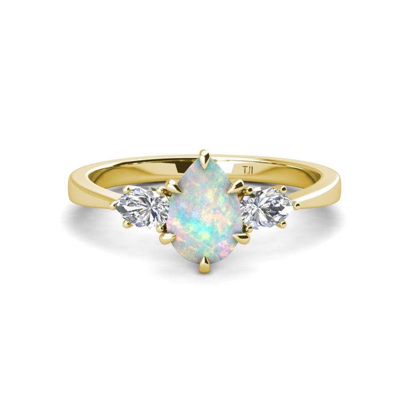 Naomi 9x6 mm Pear Shape Opal and Lab Grown Diamond Three Stone Engagement Ring 