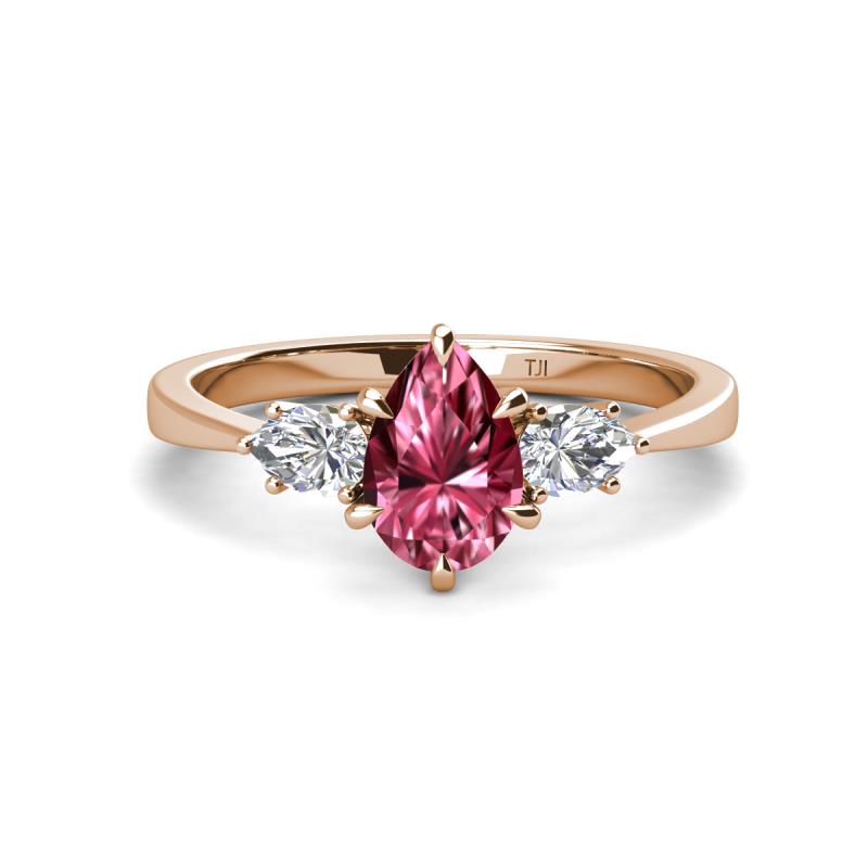 Naomi 9x6 mm Pear Shape Pink Tourmaline and Lab Grown Diamond Three Stone Engagement Ring 