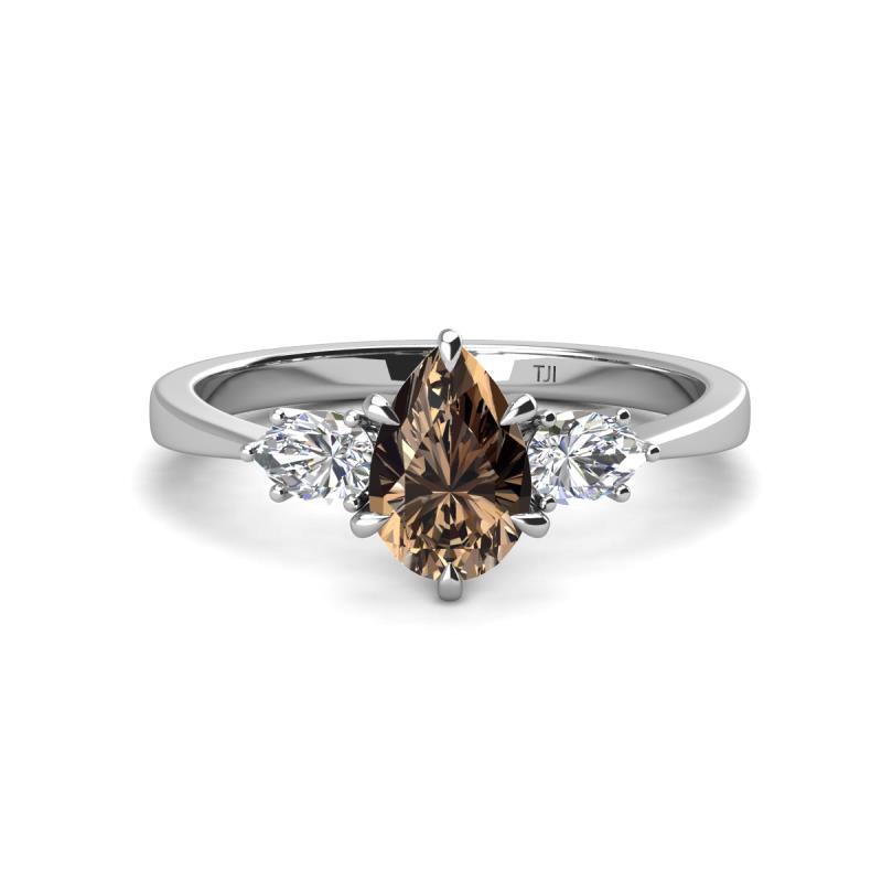 Naomi 9x6 mm Pear Shape Smoky Quartz and Lab Grown Diamond Three Stone Engagement Ring 