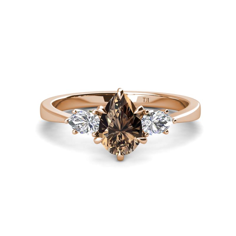 Naomi 9x6 mm Pear Shape Smoky Quartz and Lab Grown Diamond Three Stone Engagement Ring 