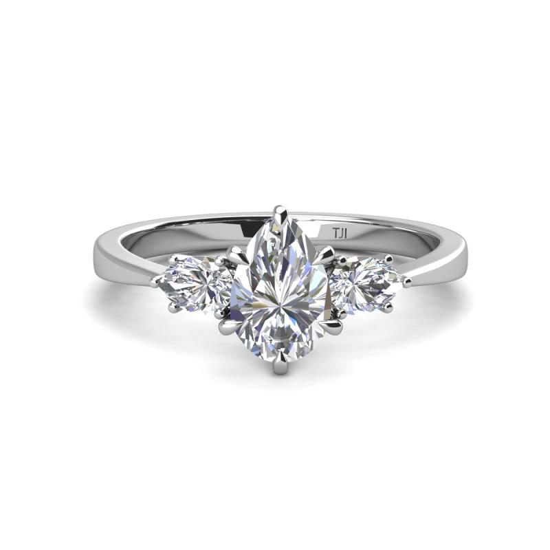 Naomi 9x6 mm Pear Shape Forever Brilliant Moissanite and Lab Grown Diamond Three Stone Engagement Ring 