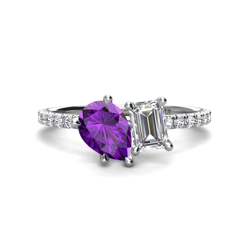 Zahara 9x6 mm Pear Amethyst and 7x5 mm Emerald Cut Forever Brilliant Moissanite 2 Stone Duo Ring 