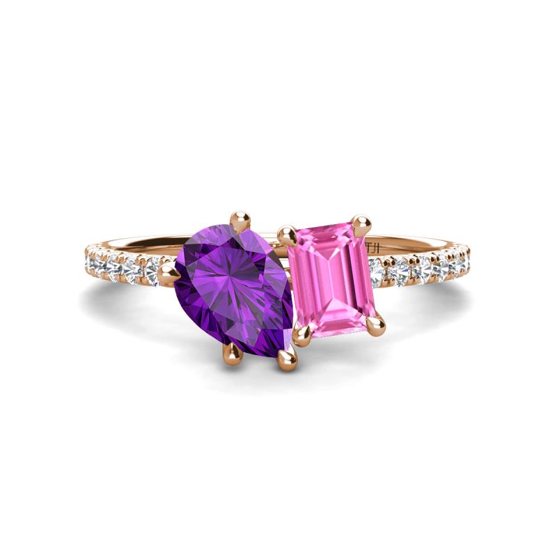 Zahara 9x6 mm Pear Amethyst and 7x5 mm Emerald Cut Lab Created Pink Sapphire 2 Stone Duo Ring 