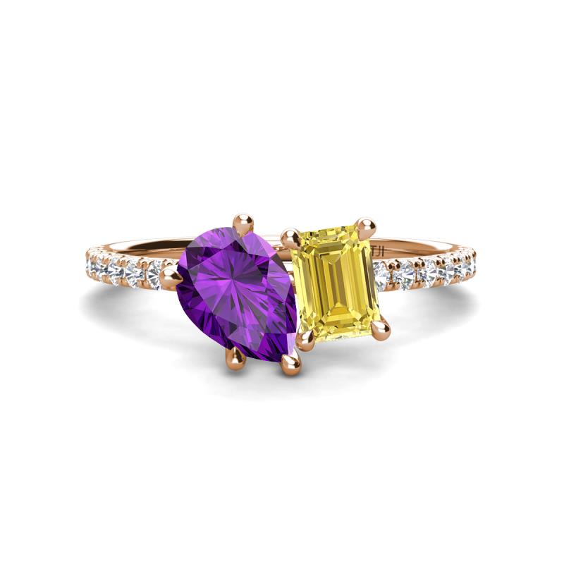 Zahara 9x6 mm Pear Amethyst and 7x5 mm Emerald Cut Lab Created Yellow Sapphire 2 Stone Duo Ring 