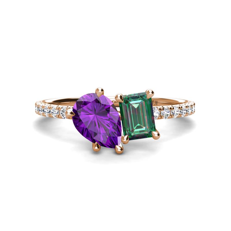 Zahara 9x6 mm Pear Amethyst and 7x5 mm Emerald Cut Lab Created Alexandrite 2 Stone Duo Ring 