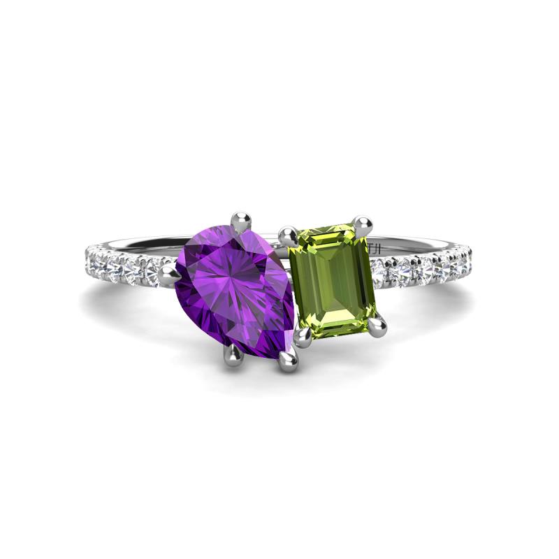 Zahara 9x6 mm Pear Amethyst and 7x5 mm Emerald Cut Peridot 2 Stone Duo Ring 