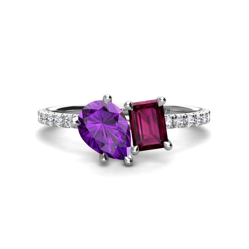 Zahara 9x6 mm Pear Amethyst and 7x5 mm Emerald Cut Rhodolite Garnet 2 Stone Duo Ring 