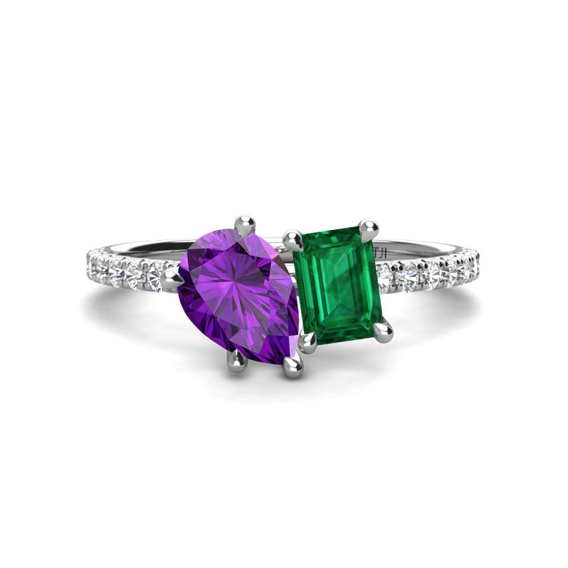 Zahara 9x6 mm Pear Amethyst and 7x5 mm Emerald Cut Lab Created Emerald 2 Stone Duo Ring 