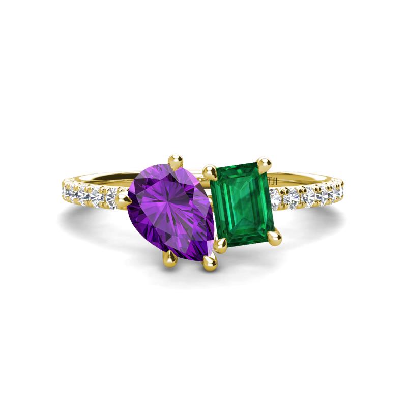 Zahara 9x6 mm Pear Amethyst and 7x5 mm Emerald Cut Lab Created Emerald 2 Stone Duo Ring 