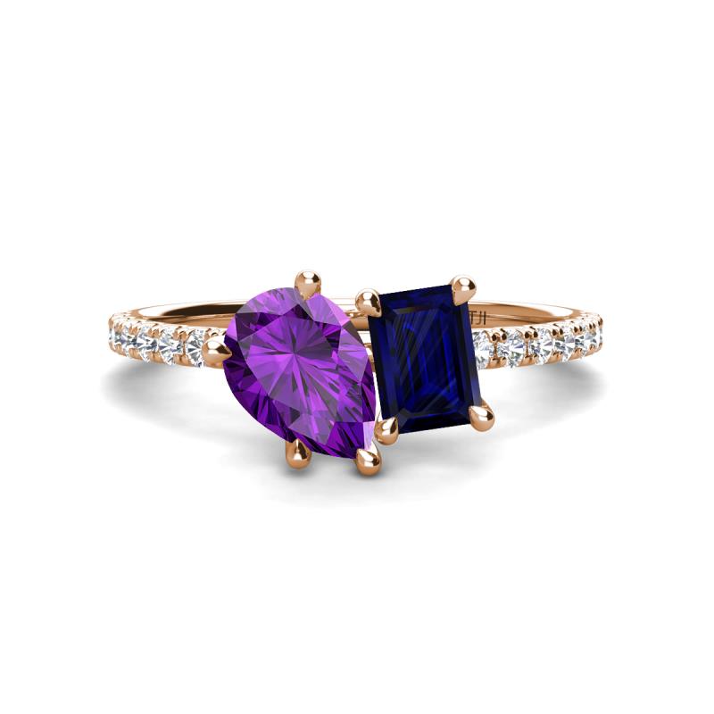 Zahara 9x6 mm Pear Amethyst and 7x5 mm Emerald Cut Lab Created Blue Sapphire 2 Stone Duo Ring 