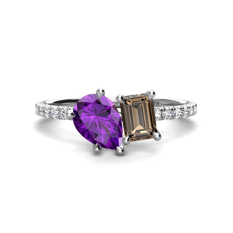 Zahara 9x6 mm Pear Amethyst and 7x5 mm Emerald Cut Smoky Quartz 2 Stone Duo Ring 