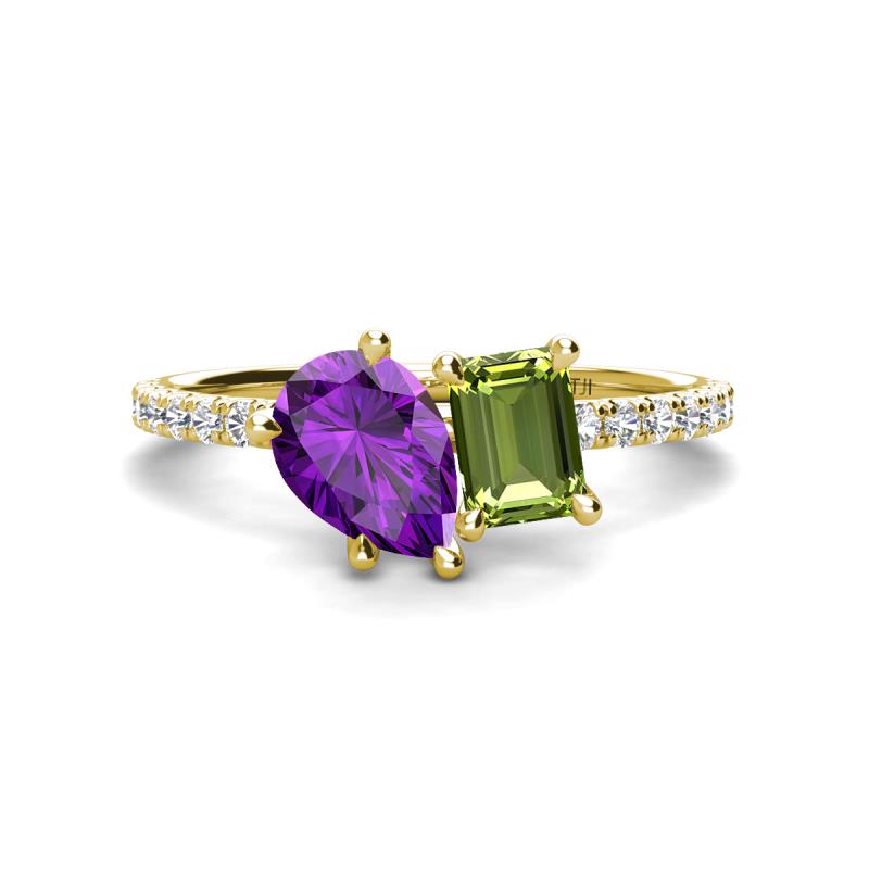 Zahara 9x6 mm Pear Amethyst and 7x5 mm Emerald Cut Peridot 2 Stone Duo Ring 