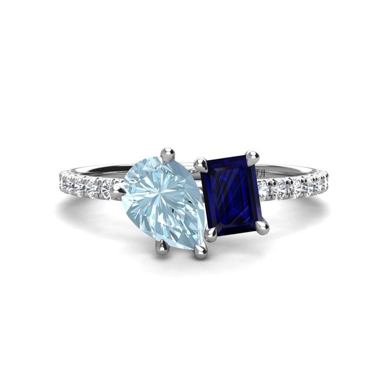 Zahara 9x6 mm Pear Aquamarine and 7x5 mm Emerald Cut Lab Created Blue Sapphire 2 Stone Duo Ring 