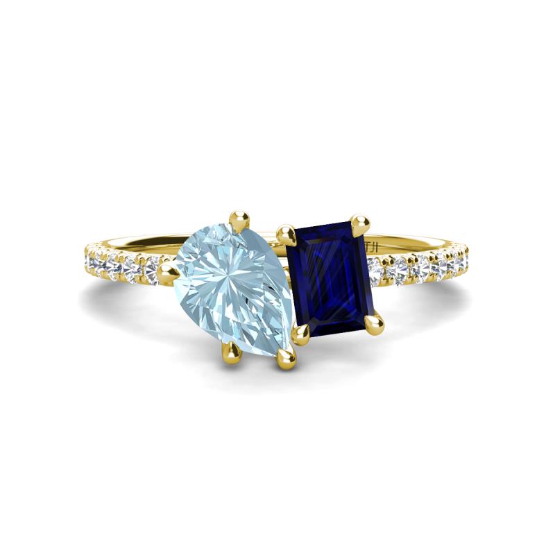 Zahara 9x6 mm Pear Aquamarine and 7x5 mm Emerald Cut Lab Created Blue Sapphire 2 Stone Duo Ring 