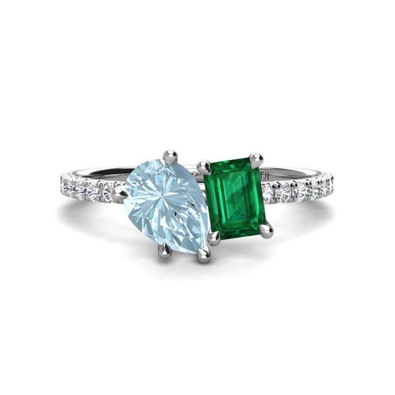 Zahara 9x6 mm Pear Aquamarine and 7x5 mm Emerald Cut Lab Created Emerald 2 Stone Duo Ring 