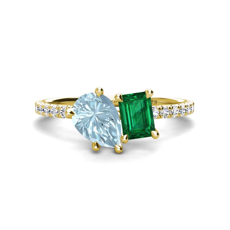 Zahara 9x6 mm Pear Aquamarine and 7x5 mm Emerald Cut Lab Created Emerald 2 Stone Duo Ring 