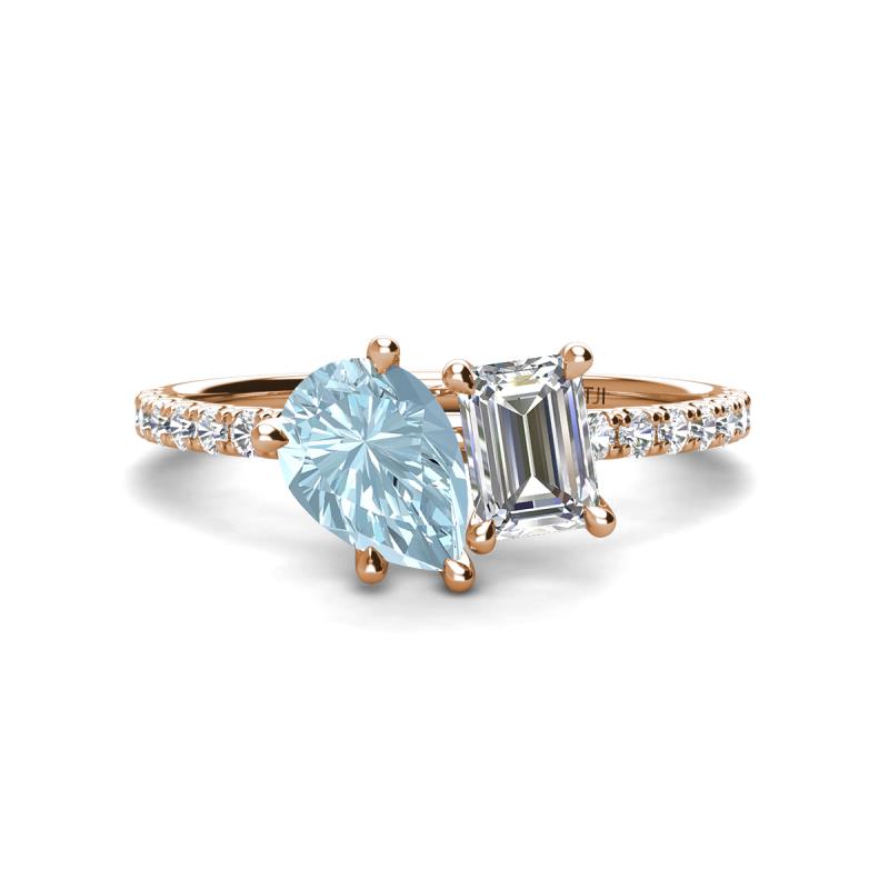 Zahara 9x6 mm Pear Aquamarine and IGI Certified 7x5 mm Emerald Cut Lab Grown Diamond 2 Stone Duo Ring 