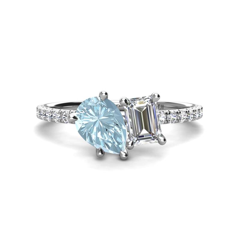 Zahara 9x6 mm Pear Aquamarine and IGI Certified 7x5 mm Emerald Cut Lab Grown Diamond 2 Stone Duo Ring 